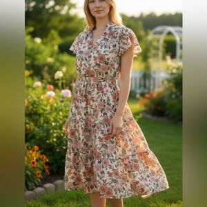Monteau Floral Ruffle Cap Sleeve Tiered A-Line Flare V-Neck Wrap Tie Midi Dress
